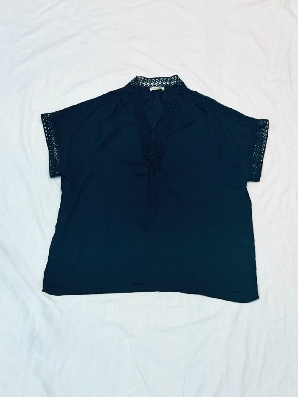 Max Studio Black Crochet Lace Trim V-Neck Blouse Top Size M